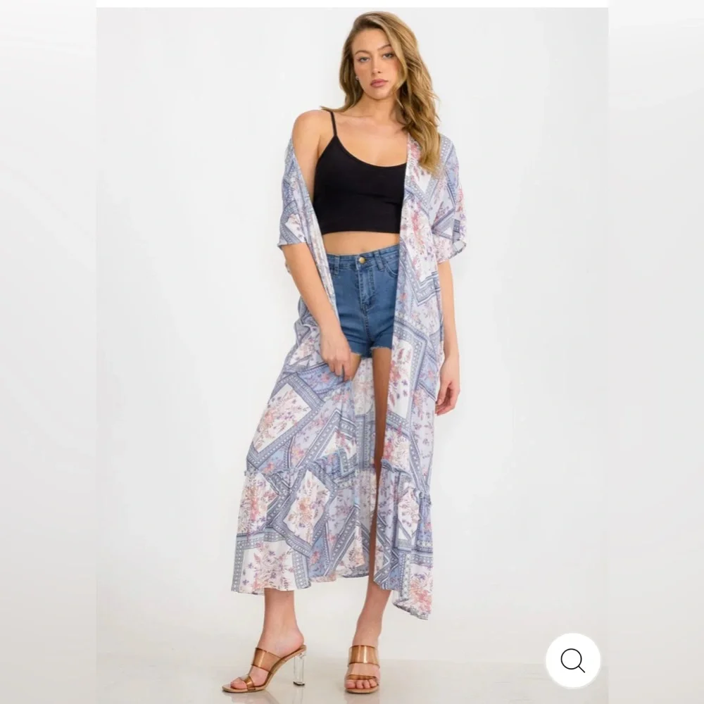 124. Bohemian Short Sleeve Ruffle Bottom Hem Kimono - Picture 3 of 4